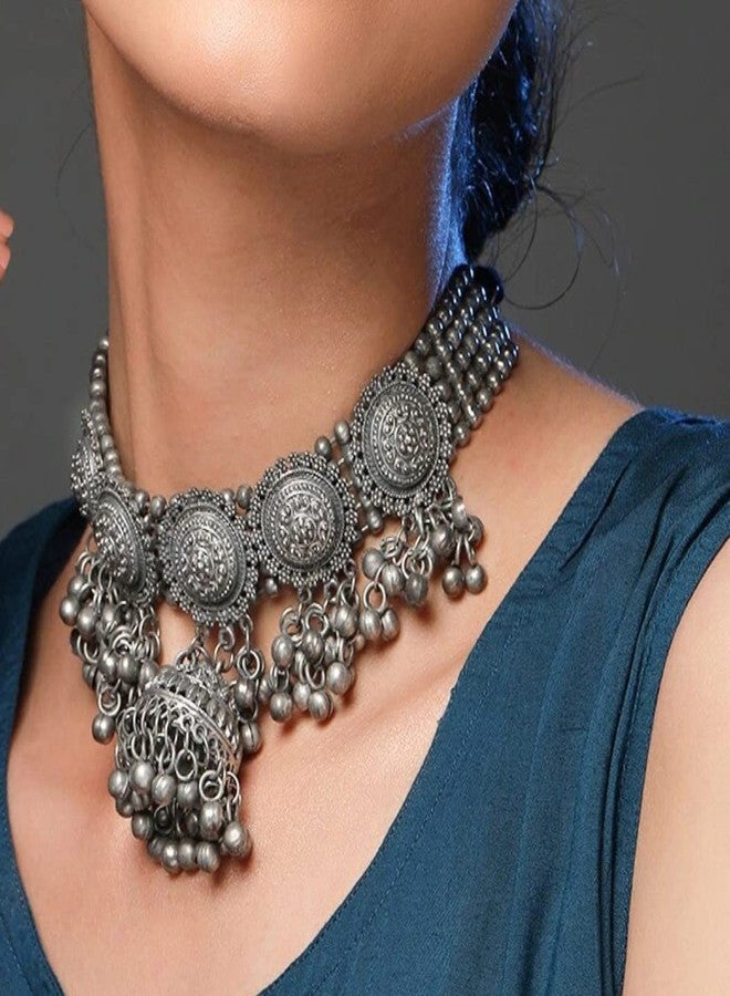 Siddhatva Ethnic Handamde Indian Afghani Gypsy Silver Oxidized Boho Ghungroo Choker Necklace Earrings Jewelry (Silver) - Image 4